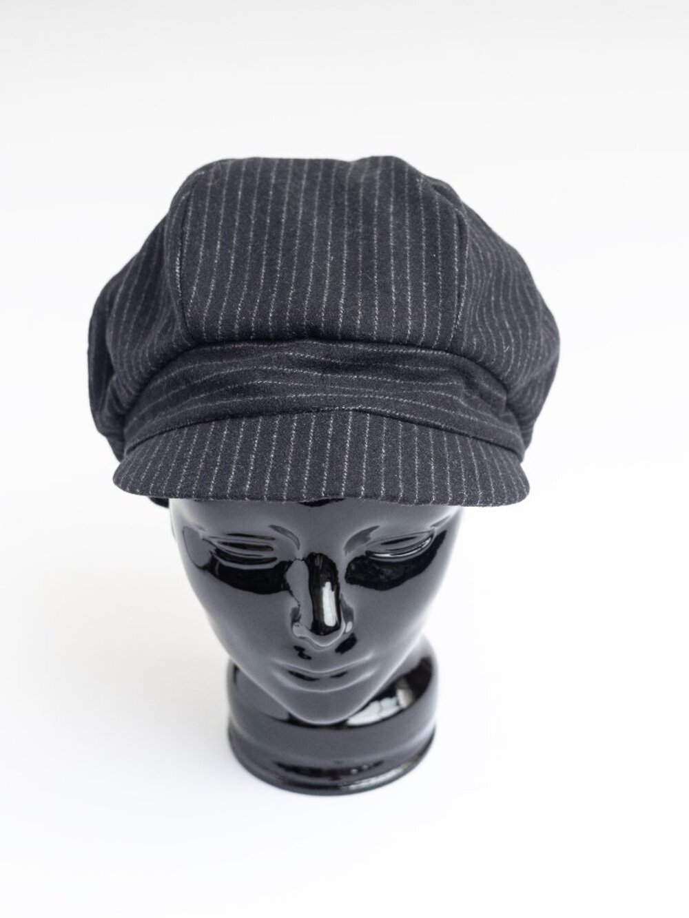 Upcycled Black Pinstripe Wool Newsboy Cabbie Paperboy Hat